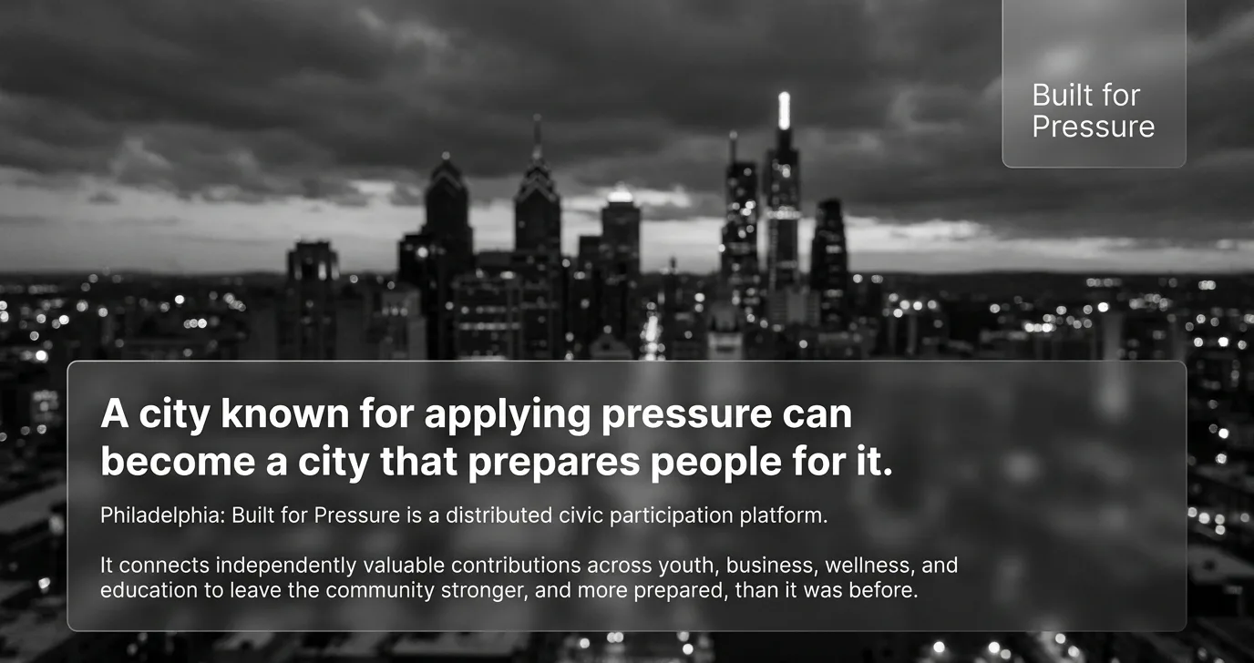 Founder brief slide: the Philadelphia skyline at dusk with the line — a city known for applying pressure can become a city that prepares people for it.
