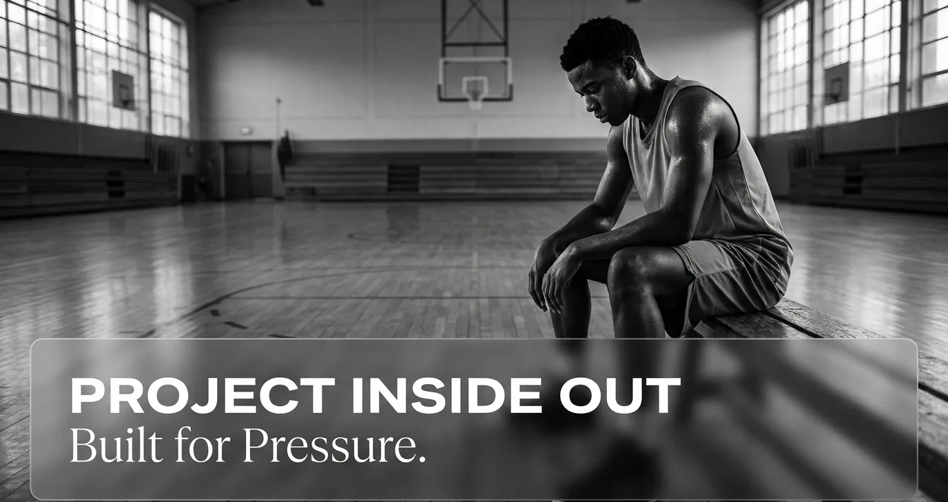 Founder brief slide: a young player seated alone in an empty gym under the title Project Inside Out — Built for Pressure.