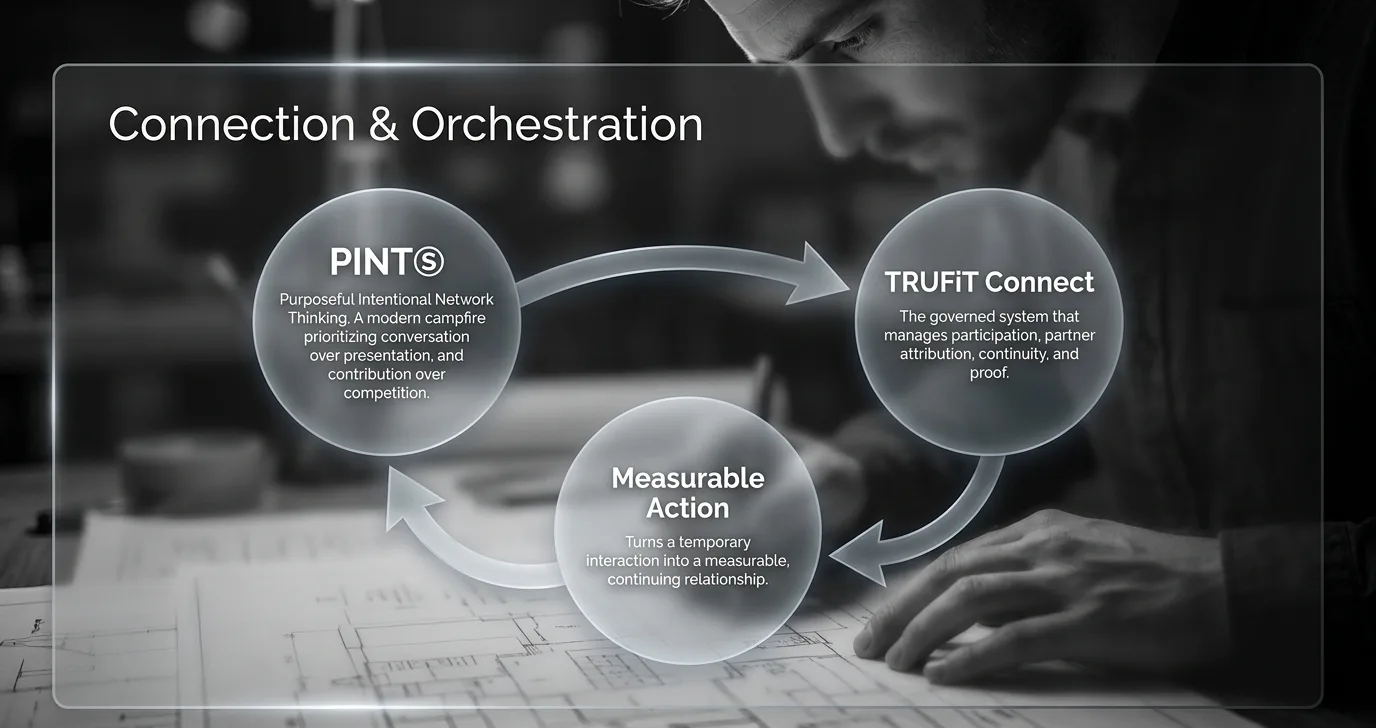 Founder brief slide: hands at a drafting table, with PINTS, measurable action and TRUFiT Connect linked in a cycle — connection and orchestration.