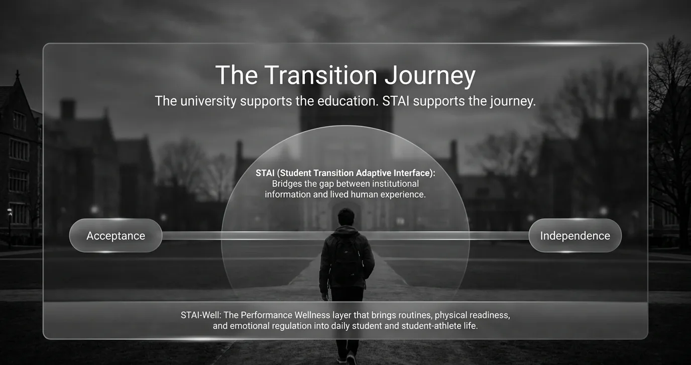 Founder brief slide: a student walking alone toward a campus tower, between markers reading Acceptance and Independence — the university supports the education, STAI supports the journey.